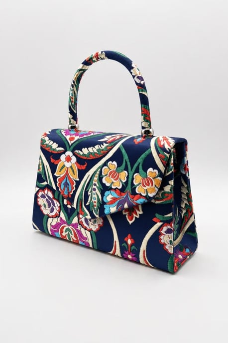 Floral Satin Embroidered Top Handle Bag in Navy - Image 2