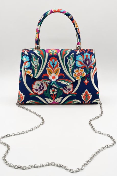 Floral Satin Embroidered Top Handle Bag in Navy - Image 3