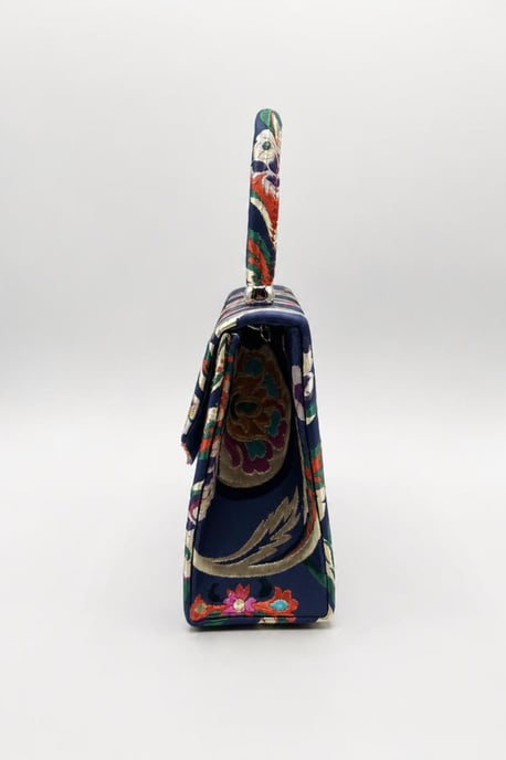 Floral Satin Embroidered Top Handle Bag in Navy - Image 4