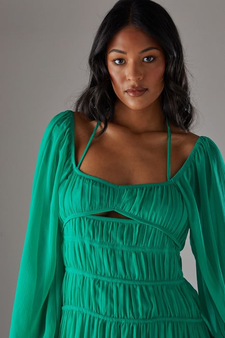 Chiffon Gathered Seam Halter Tie Hanky Hem Midi Dress - Image 2