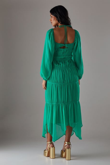 Chiffon Gathered Seam Halter Tie Hanky Hem Midi Dress - Image 3