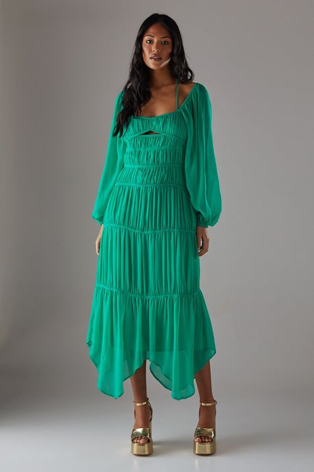 Chiffon Gathered Seam Halter Tie Hanky Hem Midi Dress - Image 4
