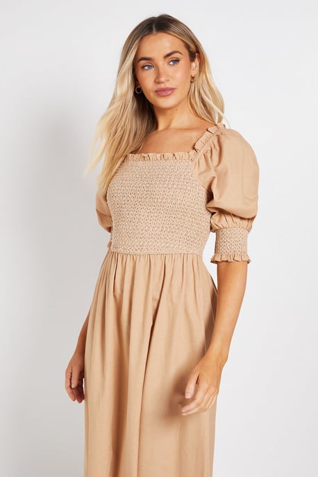 Contrast Stitch Shirred Bodice Puff Sleeve Midi Dress - Image 2
