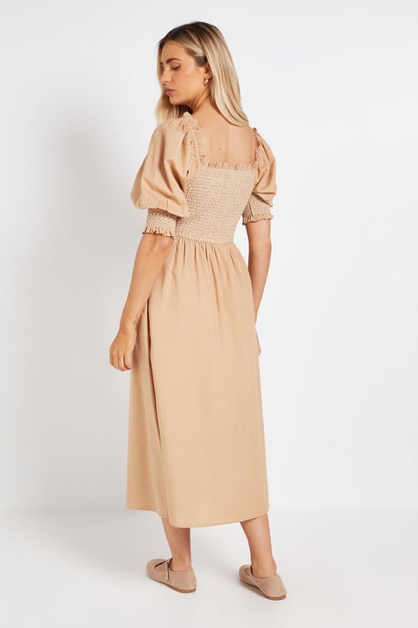 Contrast Stitch Shirred Bodice Puff Sleeve Midi Dress - Image 3