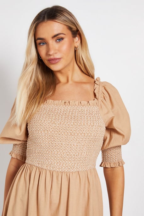 Contrast Stitch Shirred Bodice Puff Sleeve Midi Dress - Image 4
