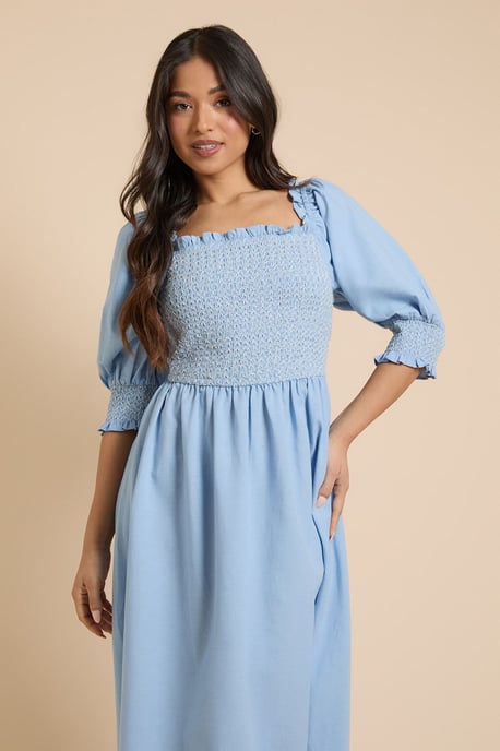 Petite Contrast Stitch Shirred Bodice Puff Sleeve Midi Dress - Image 2