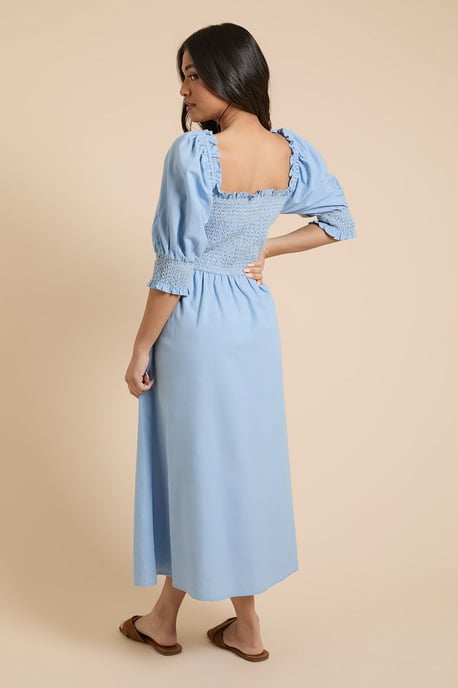 Petite Contrast Stitch Shirred Bodice Puff Sleeve Midi Dress - Image 3