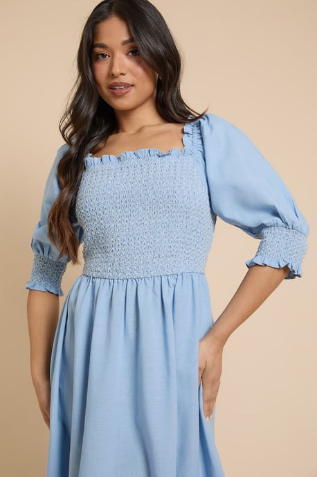 Petite Contrast Stitch Shirred Bodice Puff Sleeve Midi Dress - Image 5