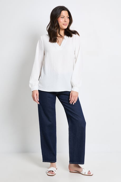 Bubble Crepe V Neck Long Sleeve Blouse - Image 2