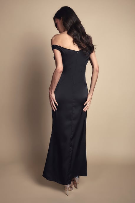 Petite Satin Bardot Bridesmaid Maxi Dress with Waist Ruching Detail - Image 3
