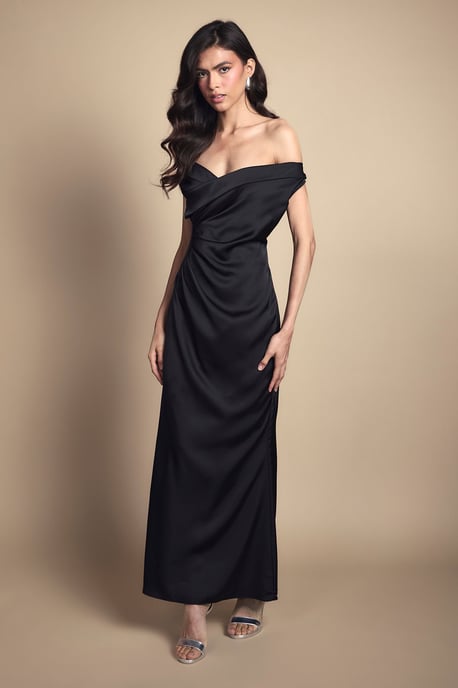 Petite Satin Bardot Bridesmaid Maxi Dress with Waist Ruching Detail - Image 4