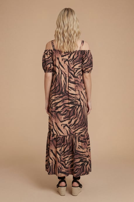 Animal Cold Shoulder Bardot Puff Sleeve Tiered Maxi Dress - Image 3