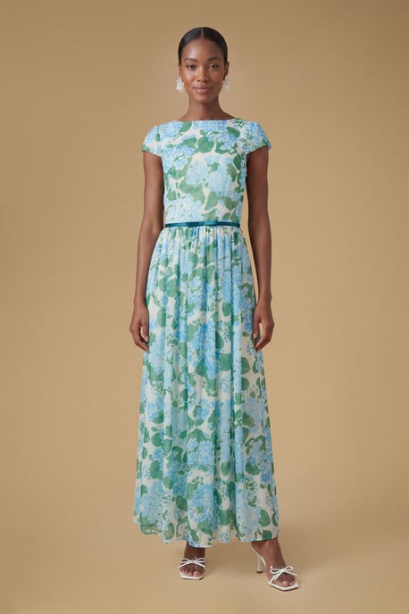 Cap Sleeve Hydrangea Mesh Maxi Dress - Image 1
