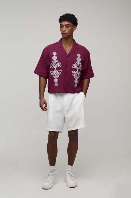 Boxy Crop Textured Revere Embroidered Shirt - Image 4