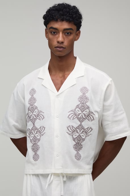 Boxy Crop Textured Revere Embroidered Shirt - Image 1