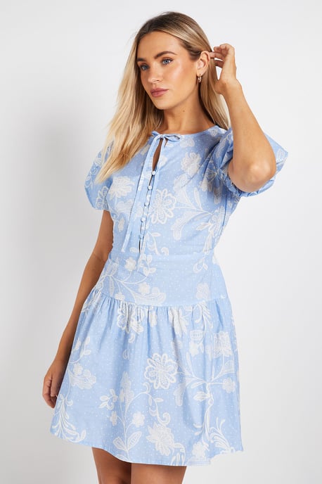 Tie Front Button Detail Puff Sleeve Mini Dress - Image 2