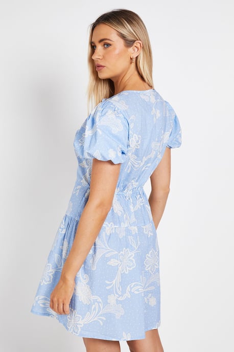 Tie Front Button Detail Puff Sleeve Mini Dress - Image 3