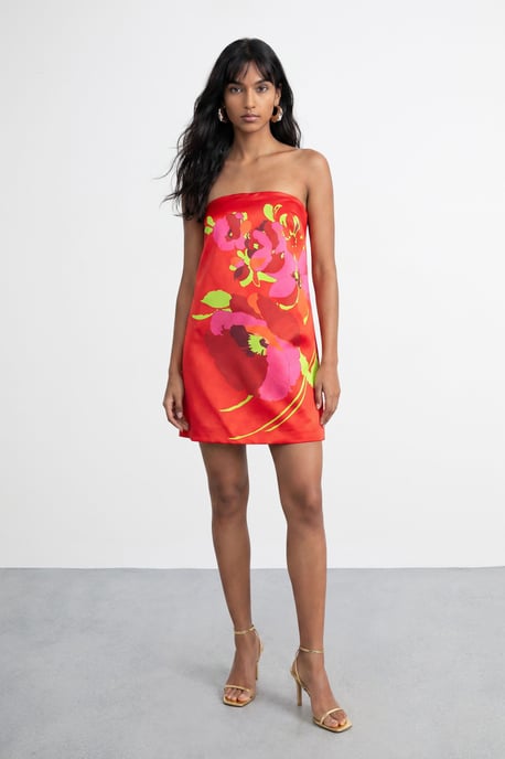 Satin Strapless Placement Floral Print Mini Dress - Image 1