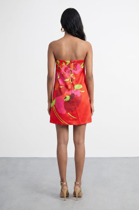 Satin Strapless Placement Floral Print Mini Dress - Image 2