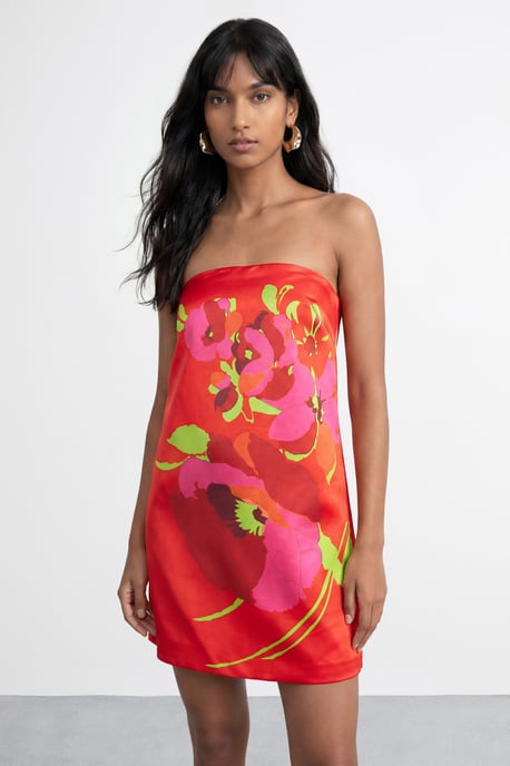 Satin Strapless Placement Floral Print Mini Dress - Image 4