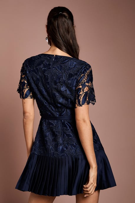 Square Neck Pearl Button Satin Lace Mini Dress - Image 3
