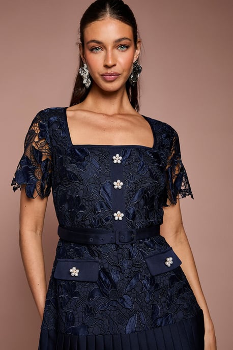 Square Neck Pearl Button Satin Lace Mini Dress - Image 4