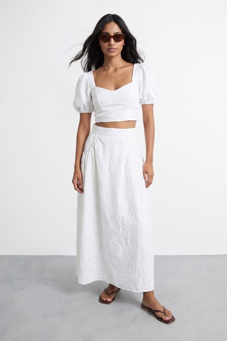 High Waist Embroidered Cotton Skirt with Pockets - Image 1