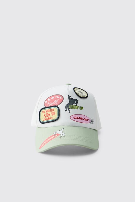 Printed Cap With Applique Patches & Contrast Visor - Image 3