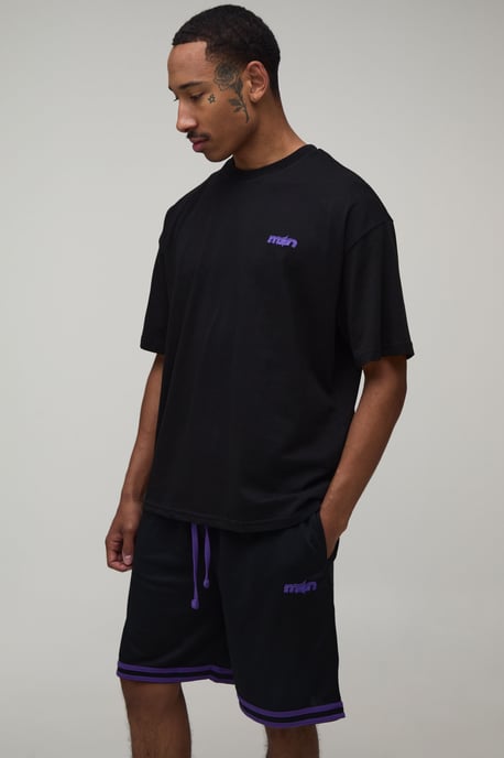 Man Star Applique Oversized T-Shirt & Basketball Short Set - Image 1