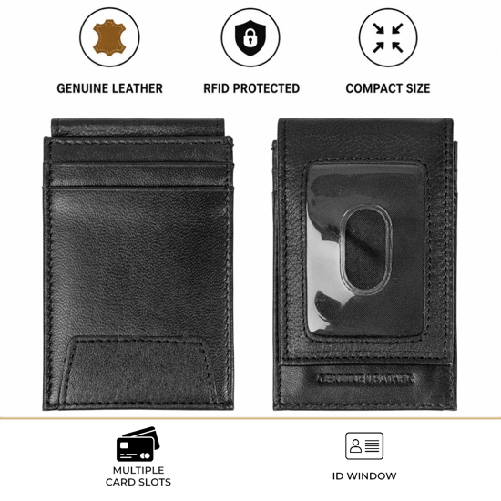Men’s Genuine Leather RFID Card Holder, Black Slim Wallet with ID Window - Image 3