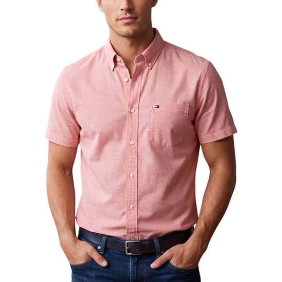 TOMMY HILFIGER Mens Shirt Oxford Lightweight Short Sleeve Regular Fit Summer Top - Image 1