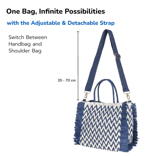 Womens Summer Bag, Eco Beach Bag, Large Paper Woven hand Bag with Raffia Fringe in Navy - Image 3