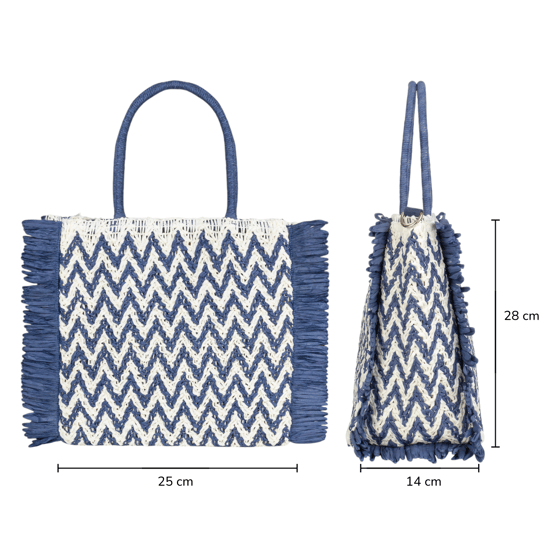 Womens Summer Bag, Eco Beach Bag, Large Paper Woven hand Bag with Raffia Fringe in Navy - Image 4