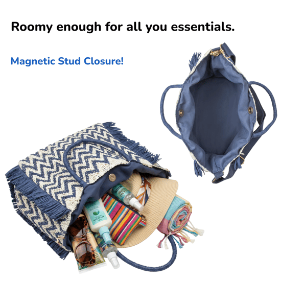 Womens Summer Bag, Eco Beach Bag, Large Paper Woven hand Bag with Raffia Fringe in Navy - Image 5