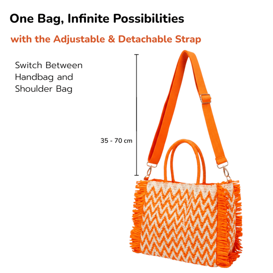 Womens Summer Bag, Eco Beach Bag, Large Paper Woven hand Bag with Raffia Fringe in Orange - Image 3
