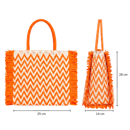 Womens Summer Bag, Eco Beach Bag, Large Paper Woven hand Bag with Raffia Fringe in Orange - Image 4