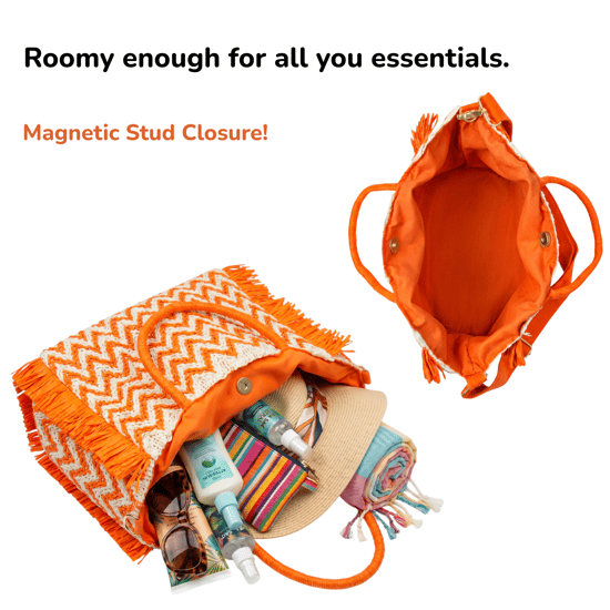Womens Summer Bag, Eco Beach Bag, Large Paper Woven hand Bag with Raffia Fringe in Orange - Image 5