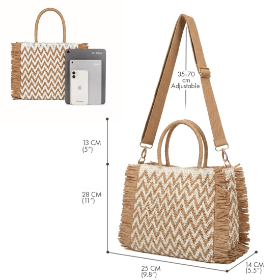 Womens Summer Bag, Eco Beach Bag, Large Paper Woven hand Bag with Raffia Fringe in Beige - Image 3