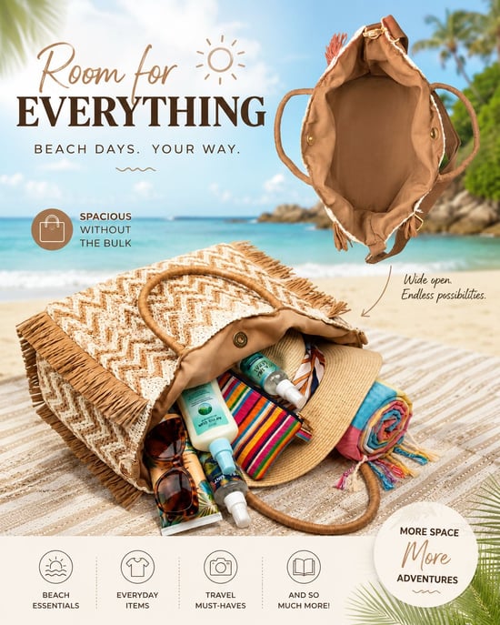 Womens Summer Bag, Eco Beach Bag, Large Paper Woven hand Bag with Raffia Fringe in Beige - Image 4