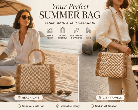 Womens Summer Bag, Eco Beach Bag, Large Paper Woven hand Bag with Raffia Fringe in Beige - Image 5