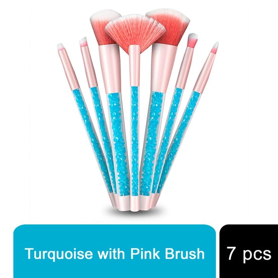 Cosmic Makeup Brush Set 7 Piece Turquoise Liquid Glitter Handle Beauty Tool Kit - Image 1