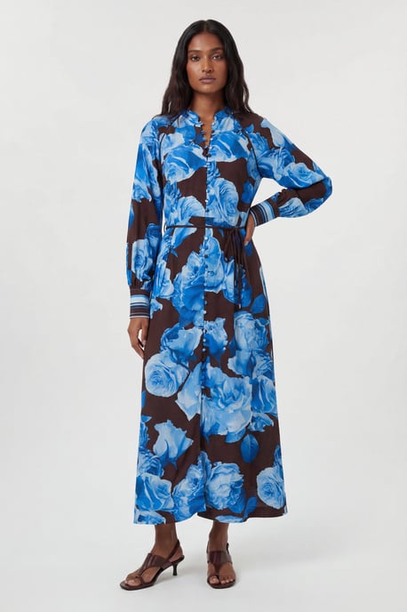 Viscose Woven Stripe Contrast Blue Floral Midi Shirt dress - Image 1