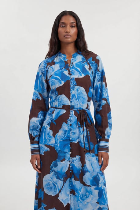 Viscose Woven Stripe Contrast Blue Floral Midi Shirt dress - Image 2