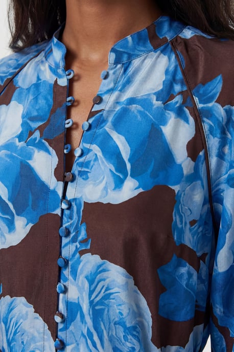 Viscose Woven Stripe Contrast Blue Floral Midi Shirt dress - Image 4