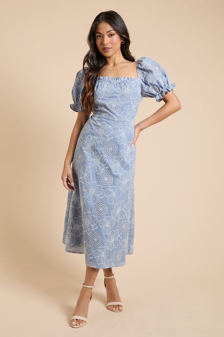 Petite Embroidered Puff Sleeve Midi Dress - Image 1