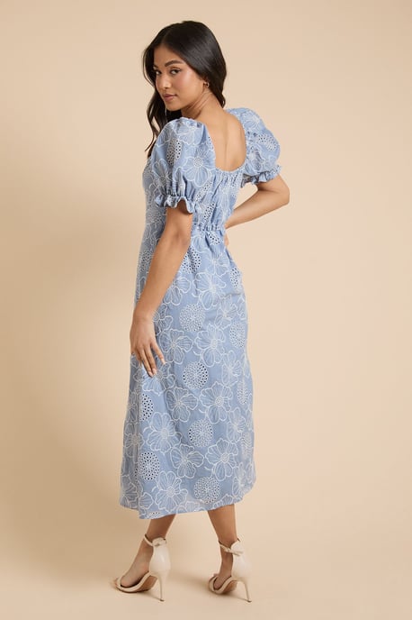 Petite Embroidered Puff Sleeve Midi Dress - Image 3
