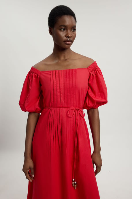 Bead Detail Cotton Poplin Bardot Midi Dress - Image 2