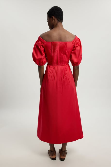 Bead Detail Cotton Poplin Bardot Midi Dress - Image 3