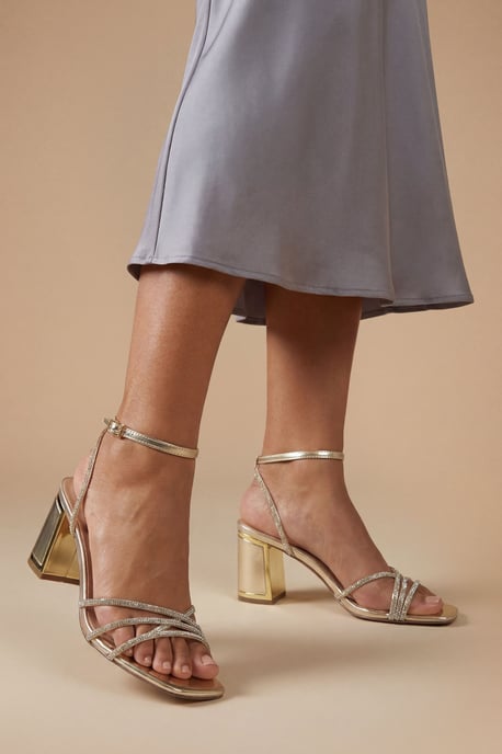 Tabs Faux Metallic Leather Strappy High Block Heel Sandals - Image 1