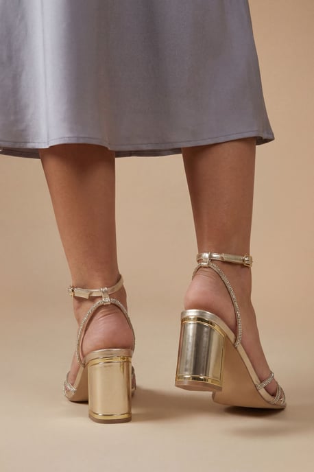 Tabs Faux Metallic Leather Strappy High Block Heel Sandals - Image 2
